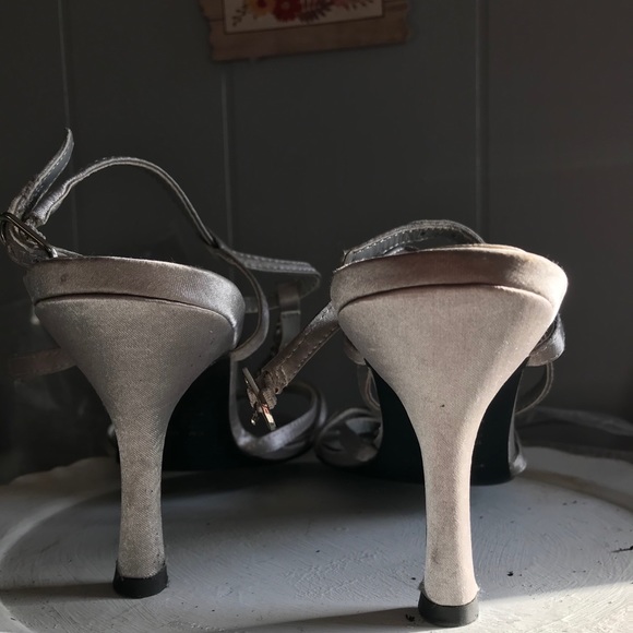 SATIN SILVER 4 INCH HEELS RHINESTONE STRAP FRONT - Picture 13 of 13